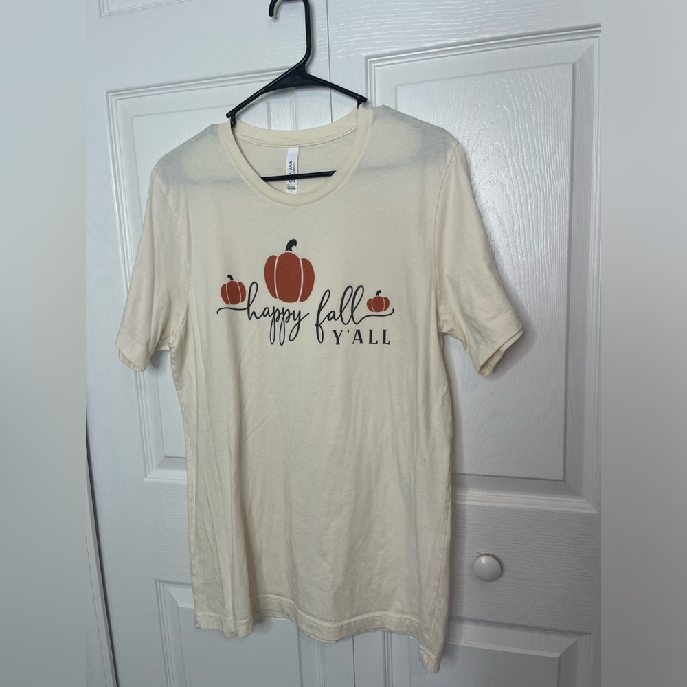 Canvas Fall Womens Tee Large Happy Fall Pumpkins & Leaves White Autumn L